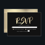 Cartão RSVP Bar Mitzvah Black Gold Foil Script Bold Moderno<br><div class="desc">Tenha orgulho, alegria e mostre este marco do seu Bar favorito Mitzvah! Inclua este cartão de inserção RSVP personalizado, moderno e impressionante para o seu evento. O roteiro gráfico de caligrafia em folha de ouro cobre um fundo preto rico, dramático. Personalize o texto personalizado com a data "responder por". Convites...</div>