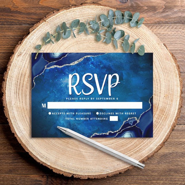 Cartão RSVP Bar Mitzvah Modern Blue Agate Watercolor Script (Criador carregado)