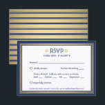 Cartão RSVP Bar Mitzvah Opções de Refeição Marinho Azul Branco<br><div class="desc">Marinho de cumprimentos e convites mitzvah bar dourado com cartões de resposta RSVP elegantes. Todo texto é simples de personalizar ou excluir conforme necessário. O cartão inclui opções de refeições e opções de resposta via site ou email. O design azul, branco e ouro marinho apresenta uma estrela de folha falsa...</div>