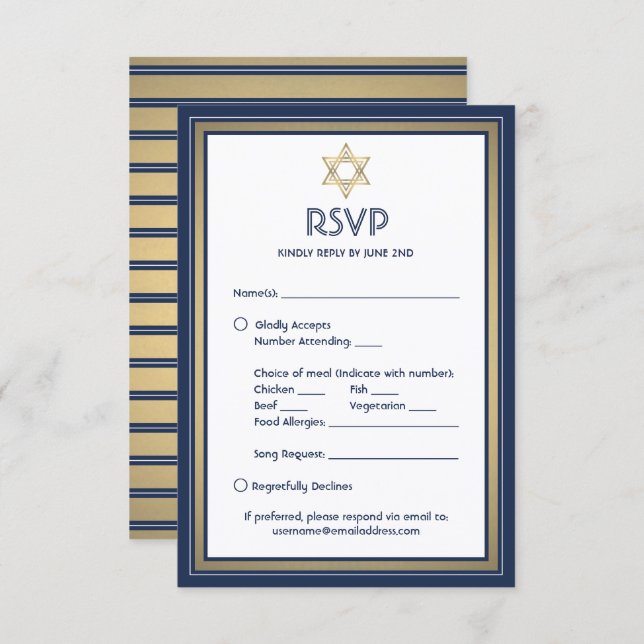 Cartão RSVP Bar Mitzvah Opções de Refeição Pedido de Música Az (Frente/Verso)