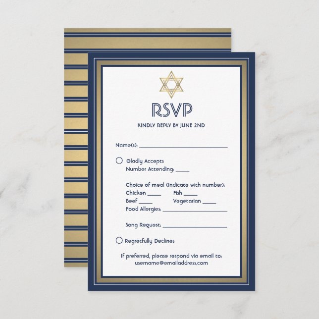 Cartão RSVP Bar Mitzvah Opções de Refeição Pedido de Música Az (Frente/Verso)