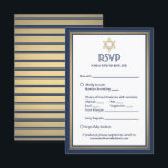 Cartão RSVP Bar Mitzvah Opções de Refeição Pedido de Música Az<br><div class="desc">Marinho de cumprimentos e convites mitzvah bar dourado com cartões de resposta RSVP elegantes. Todo texto é simples de personalizar ou excluir conforme necessário. O cartão inclui opções de refeições, alergias à comida, solicitação de música e opção de resposta via site ou email. O marinho azul, ouro e design branco...</div>