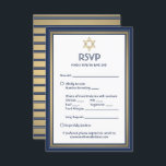 Cartão RSVP Bar Mitzvah Opções de Refeição Pedido de Música Az<br><div class="desc">Marinho de cumprimentos e convites mitzvah bar dourado com cartões de resposta RSVP elegantes. Todo texto é simples de personalizar ou excluir conforme necessário. O cartão inclui opções de refeições, alergias à comida, solicitação de música e opção de resposta via site ou email. O marinho azul, ouro e design branco...</div>