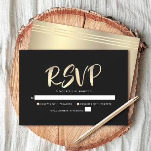 Cartão RSVP Bar Mitzvah Preto Dourado Folha Script Negrito Mod
