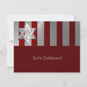 Cartão RSVP Bar Mitzvah Red e Silver Stripe Star de David