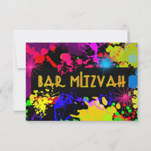 Cartão RSVP Bar Mitzvah, respingo de tinta Neon, personalizado