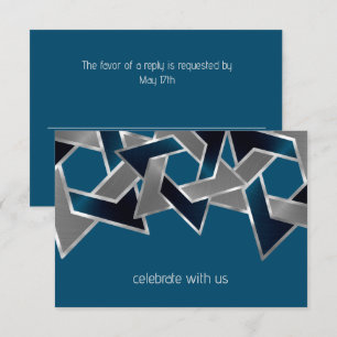 Cartão RSVP Bar Mitzvah Silver Teal Blue Cinza Estrela de Davi