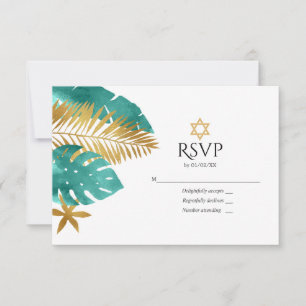 Cartão RSVP Bar Mitzvah Tropical em Azul Turquesa e Dourado
