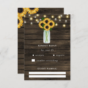 Cartão RSVP Barn Wood String Luzes Sunflower Casamento