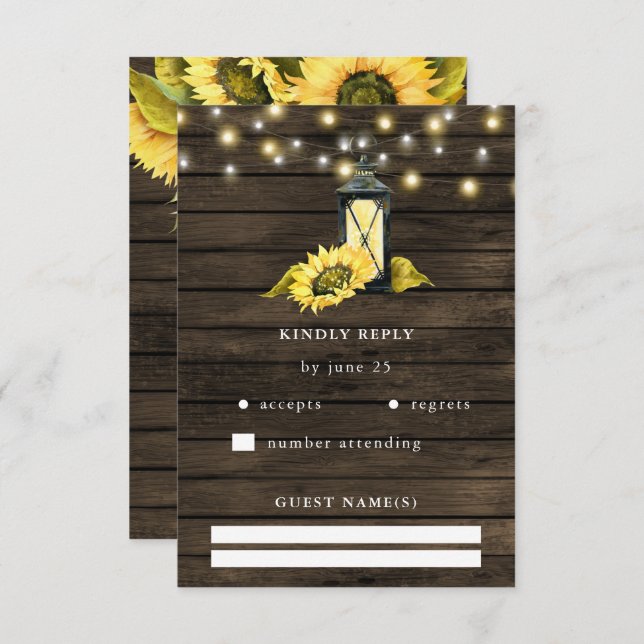 Cartão RSVP Barn Wood String Luzes Sunflower Casamento (Frente/Verso)