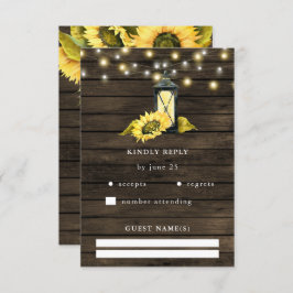 Cartão RSVP Barn Wood String Luzes Sunflower Casamento