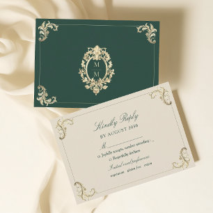 Cartão RSVP Barroco Verde Esmeralda Dourado Casamento
