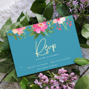 Cartão RSVP Bat Mitzvah Azul Aquarela Floral Dourado Script