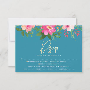 Cartão RSVP Bat Mitzvah Azul Floral Aquarela Rótulo Dourado