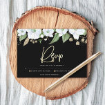 Cartão RSVP Bat Mitzvah Black Dourado Script Floral Watercolor<br><div class="desc">Tenha orgulho, alegria e comemore este marco do seu Bat Mitzvah favorito com este sofisticado e personalizado cartão de inserção RSVP para o seu evento! Uma aquarela floral chica, atordoante, branca e dourada com falso guião de folha de ouro e serifa branca sobrepõe-se a um fundo preto dramático. Flores aquarelas...</div>