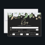 Cartão RSVP Bat Mitzvah Black Dourado Script Watercolor Floral<br><div class="desc">Tenha orgulho, alegria e comemore este marco do seu Bat Mitzvah favorito com este sofisticado e personalizado cartão de inserção RSVP para o seu evento! Uma aquarela floral chica, atordoante, branca e dourada com falso guião de folha de ouro e serifa branca sobrepõe-se a um fundo preto dramático. Flores aquarelas...</div>