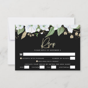 Cartão RSVP Bat Mitzvah Black Dourado Script Watercolor Floral