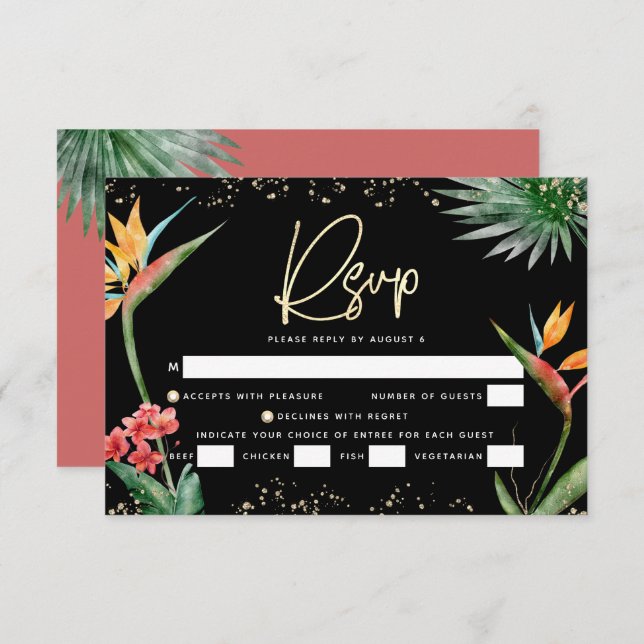Cartão RSVP Bat Mitzvah Black Dourado Tropical Palm Watercolor (Frente/Verso)