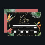 Cartão RSVP Bat Mitzvah Black Dourado Tropical Palm Watercolor<br><div class="desc">Tenha orgulho, alegria e comemore este marco do seu Bat Mitzvah favorito com este sofisticado e personalizado cartão de inserção RSVP para o seu evento! Na moda, atordoante, colorida, aves aquáticas tropicais de flores paraíso, falso roteiro dourado manuscrito, Estrela de David e pontos brilhantes, juntamente com o moderno tipo sans...</div>