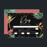 Cartão RSVP Bat Mitzvah Black Dourado Tropical Palm Watercolor<br><div class="desc">Tenha orgulho, alegria e comemore este marco do seu Bat Mitzvah favorito com este sofisticado e personalizado cartão de inserção RSVP para o seu evento! Na moda, atordoante, colorida, aves aquáticas tropicais de flores paraíso, falso roteiro dourado manuscrito, Estrela de David e pontos brilhantes, juntamente com o moderno tipo sans...</div>