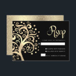 Cartão RSVP Bat Mitzvah Black Gold Tree - Escritura da Vida<br><div class="desc">Tenha orgulho, alegria e mostre este marco do seu Bat Mitzvah favorito! Inclua esta placa de inserção RSVP personalizada, sofisticada e impressionante para o seu evento. Uma folha de ouro falso gráfica com estrela cintilante de David e "folhas" de ponto, juntamente com um roteiro de caligrafia dourada, sobrepõe um fundo...</div>