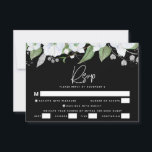 Cartão RSVP Bat Mitzvah Black Silver Script Watercolor Floral<br><div class="desc">Tenha orgulho, alegria e comemore este marco do seu Bat Mitzvah favorito com este sofisticado e personalizado cartão de inserção RSVP para o seu evento! Uma aquarela floral com brilho, atordoante, branca e falso deslizador brilha com falso grafismo de folha prateada e serifa branca sobrepõem-se a um fundo preto dramático....</div>