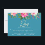 Cartão RSVP Bat Mitzvah Blue Floral Watercolor Script Dourado<br><div class="desc">Tenha orgulho, alegria e comemore este marco do seu Bat Mitzvah favorito com este sofisticado e personalizado cartão de inserção RSVP para o seu evento! Uma aquarela floral, cor-de-rosa e pêssego, impressionante, com uma tipografia falsa de folha de ouro e uma serifa branca moderna sobrepõem-se a um fundo azul-azul-azul-turquesa empoeirado....</div>