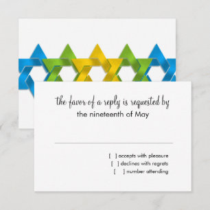 Cartão RSVP Bat Mitzvah Blue Green Yellow Stars em qualquer co