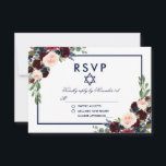 Cartão RSVP Bat Mitzvah Burgundy Blue Floral<br><div class="desc">Cartão RSVP Azul Bat Mitzvah Azul Burgundy</div>