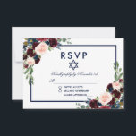 Cartão RSVP Bat Mitzvah Burgundy Blue Floral<br><div class="desc">Cartão RSVP Azul Bat Mitzvah Azul Burgundy</div>