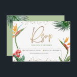 Cartão RSVP Bat Mitzvah Dourado Tropical Floral Watercolor<br><div class="desc">Tenha orgulho, alegria e comemore este marco do seu Bat Mitzvah favorito com este sofisticado e personalizado cartão de inserção RSVP para o seu evento! Na moda, atordoante, colorida, aves aquáticas tropicais de flores do paraíso, escrita falsa em ouro manuscrita, Estrela de David e pontos brilhantes, juntamente com serifa verde...</div>