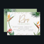 Cartão RSVP Bat Mitzvah Dourado Tropical Palm Watercolor<br><div class="desc">Tenha orgulho, alegria e comemore este marco do seu Bat Mitzvah favorito com este sofisticado e personalizado cartão de inserção RSVP para o seu evento! Na moda, atordoante, colorida, aves aquáticas tropicais de flores do paraíso, escrita falsa em ouro manuscrita, Estrela de David e pontos brilhantes, juntamente com serifa verde...</div>