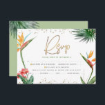 Cartão RSVP Bat Mitzvah Dourado Tropical Palm Watercolor<br><div class="desc">Tenha orgulho, alegria e comemore este marco do seu Bat Mitzvah favorito com este sofisticado e personalizado cartão de inserção RSVP para o seu evento! Na moda, atordoante, colorida, aves aquáticas tropicais de flores do paraíso, escrita falsa em ouro manuscrita, Estrela de David e pontos brilhantes, juntamente com serifa verde...</div>