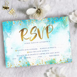 Cartão RSVP Bat Mitzvah dourado turquesa aquarela entrée<br><div class="desc">Tenha orgulho, alegria e mostre este marco do seu Bat Mitzvah favorito! Inclua este impressionante, moderno e brilhante formato de folha falsa de ouro e pontos brilhantes e script de tipografia contra um fundo de cor d'água turquesa, cartão de inserção RSVP personalizado para o seu evento. Personalize o texto personalizado...</div>