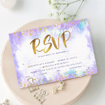 Cartão RSVP Bat Mitzvah, folha de ouro, espinha-d-água púrpura<br><div class="desc">Tenha orgulho, alegria e mostre este marco do seu Bat Mitzvah favorito! Inclua este impressionante, moderno e brilhante formato de folha falsa de ouro e pontos brilhantes e script de tipografia contra um fundo de aquarela púrpura macio, placa de inserção RSVP personalizada para o seu evento. Personalize o texto personalizado...</div>