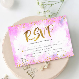 Cartão RSVP Bat Mitzvah folha de ouro rosa menina aquarela ent