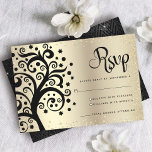 Cartão RSVP Bat Mitzvah Gold Foil Black Tree of Life Script<br><div class="desc">Tenha orgulho, alegria e mostre este marco do seu Bat Mitzvah favorito! Inclua esta placa de inserção RSVP personalizada, sofisticada e impressionante para o seu evento. Uma árvore preta gráfica com Estrela de David e "folhas" de pontos e roteiro de caligrafia preta, sobrepõe pontos cintilantes, falsos dourados e fundo ombre...</div>