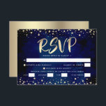Cartão RSVP Bat Mitzvah Marinho Watercolor Script Dourado Entr<br><div class="desc">Tenha orgulho, alegria e mostre este marco do seu Bat Mitzvah favorito! Inclua este cartão de inserção RSVP personalizado, moderno e impressionante para o seu evento. Escrito gráfico faux gold foil calliografia e confetti sobrepõe um fundo azul marinho rico, dramático. Personalize o texto personalizado com a data "responder por" e...</div>
