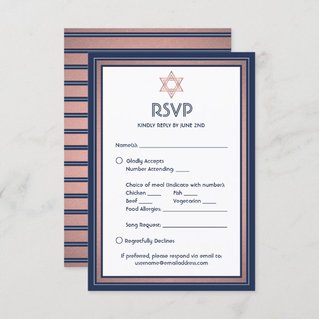 Cartão RSVP Bat Mitzvah Medium Options Song Request Blue & Pin (Frente/Verso)