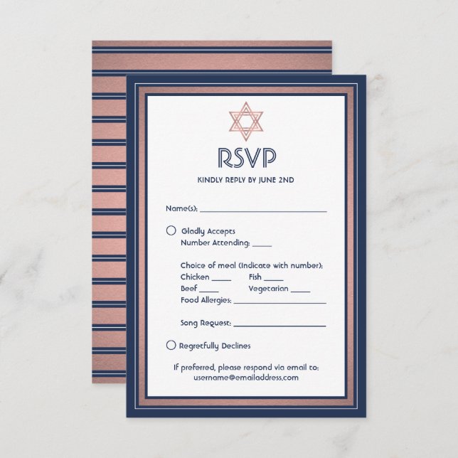 Cartão RSVP Bat Mitzvah Medium Options Song Request Blue & Pin (Frente/Verso)