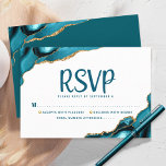 Cartão RSVP Bat Mitzvah Modern Dourado Turquoise Agate Script<br><div class="desc">Tenha orgulho, alegria e celebre este marco do seu Bat Mitzvah favorito com este cartão de inserção RSVP legal, único, moderno e personalizado para o seu evento! A tipografia de uma haste escura sobrepõe um fundo branco simples e limpo com rochas azul-turquesa, acentuadas com veias douradas falsas. Personalize o texto...</div>