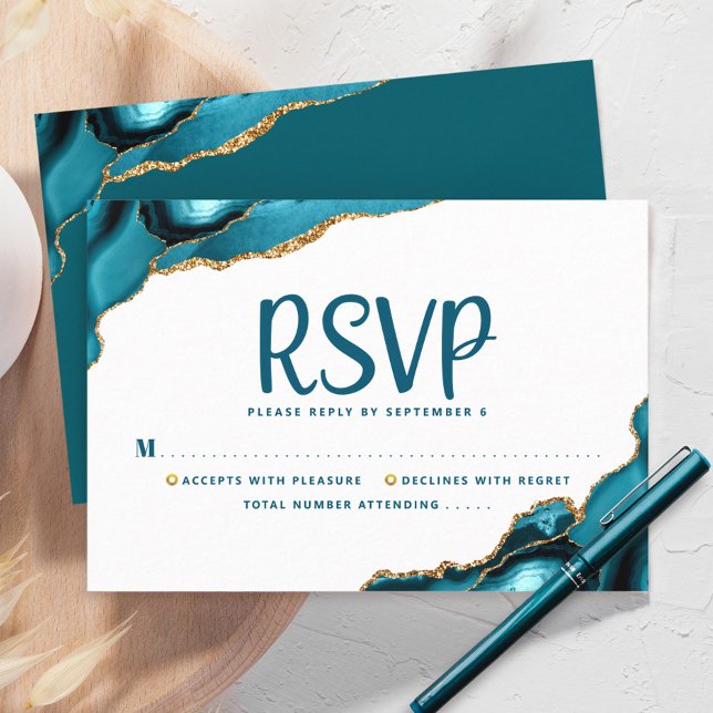 Cartão RSVP Bat Mitzvah Modern Dourado Turquoise Agate Script (Criador carregado)
