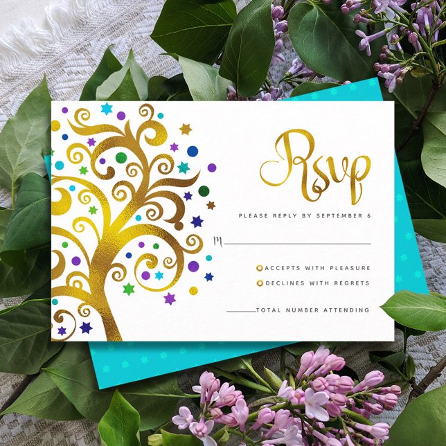 Cartão RSVP Bat Mitzvah Modern Gold Foil Blue Tree of Life (Criador carregado)