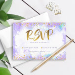 Cartão RSVP Bat Mitzvah modern gold foil purple watercolor<br><div class="desc">Be proud, rejoice and showcase this milestone of your favorite Bat Mitzvah! Include this stunning, modern, sparkly gold faux foil and glitter dots and typography script against a soft purple watercolor background, personalized RSVP insert card for your event. Personalize the custom text with the “reply by” date. Guaranteed to add...</div>