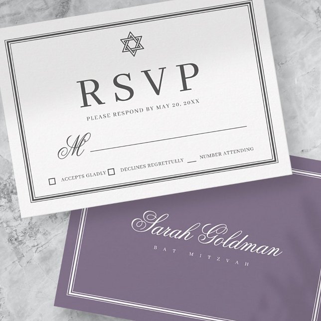 Cartão RSVP Bat Mitzvah Modern Monograma em Quadro Simples (Criador carregado)