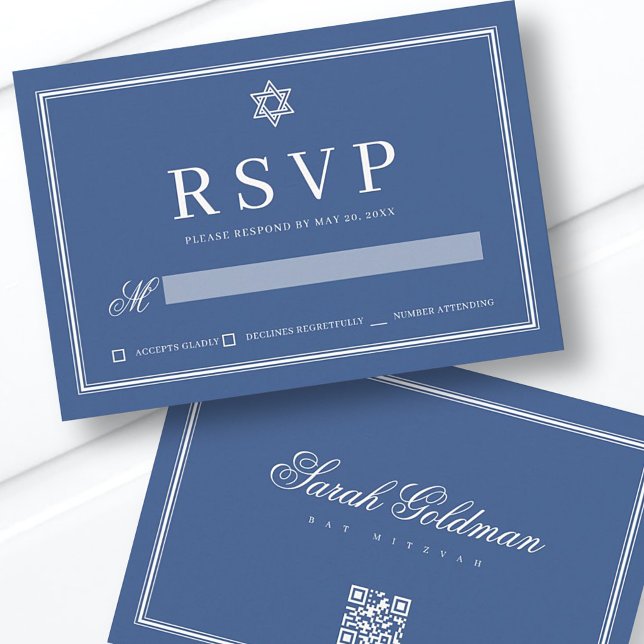 Cartão RSVP Bat Mitzvah Modern Monograma Simples Código QR (Criador carregado)
