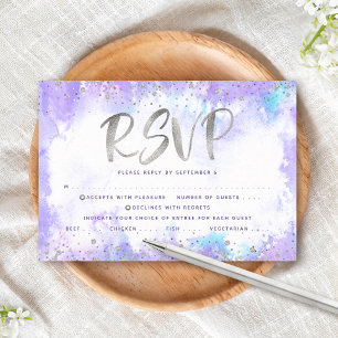Cartão RSVP Bat Mitzvah papel alumínio prata roxo aquarela ent