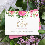 Cartão RSVP Bat Mitzvah Pink Watercolor Script Dourado Floral<br><div class="desc">Tenha orgulho, alegria e comemore este marco do seu Bat Mitzvah favorito com este sofisticado e personalizado cartão de inserção RSVP para o seu evento! Uma aquarela floral chica, atordoante, rosa e pêssego com uma tipografia falsa de folha de ouro e rosa de cinza e serifa poeirenta moderna sobrepõem um...</div>