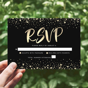 Cartão RSVP Bat Mitzvah Preto Dourado Folha Brilho Script Mode