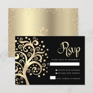 Cartão RSVP Bat Mitzvah Preto Dourado Folha de Árvore da Vida